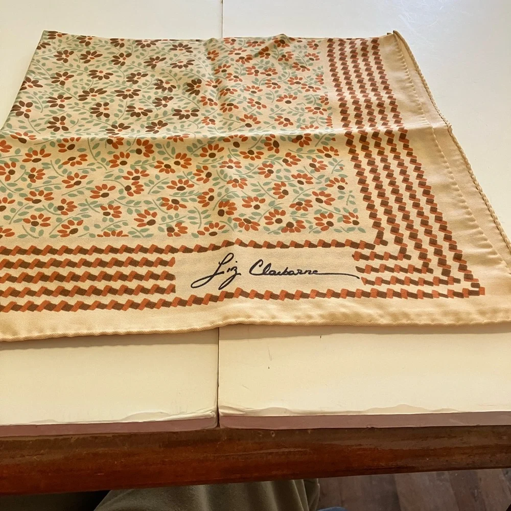 Liz Claiborne Peach Floral Silk Scarf with Rust and Mint Flowers